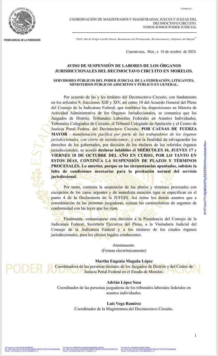 lvegar's tweet photo. 📣 AVISO DE SUSPENSIÓN DE LABORES DE LOS ÓRGANOS JURISDICCIONALES DEL DECIMOCTAVO CIRCUITO EN MORELOS.

#PJF 
@PJFXVIII 
@CJF_Mx https://t.co/WiWWQByCim