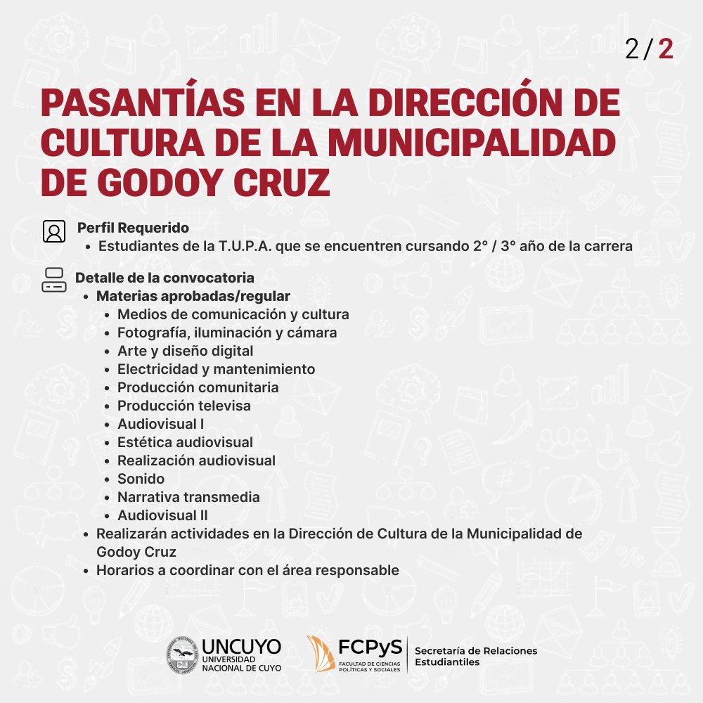 🎥 Se convoca a estudiantes avanzados/as de 2°/3° año de la Tecnicatura Universitaria en Producción Audiovisual para pasantías pagas en la Dir. de Cultura de la Municipalidad de Godoy Cruz. Más información en el link del formulario de inscripción. forms.gle/bqcmtWKhQTN6bP…
