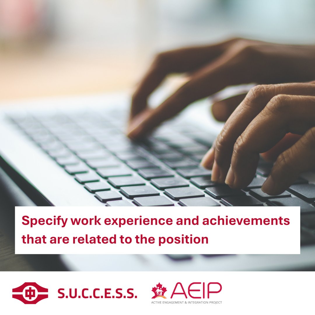 Ensure your experience and achievements on your resume are related to the skills needed for the job you are applying to.

Connect with us today for more support at: aeipsuccess.ca

#aeipsuccess #PreArrivalServices #JobSearch #CareerGoals #ReflectAndGrow