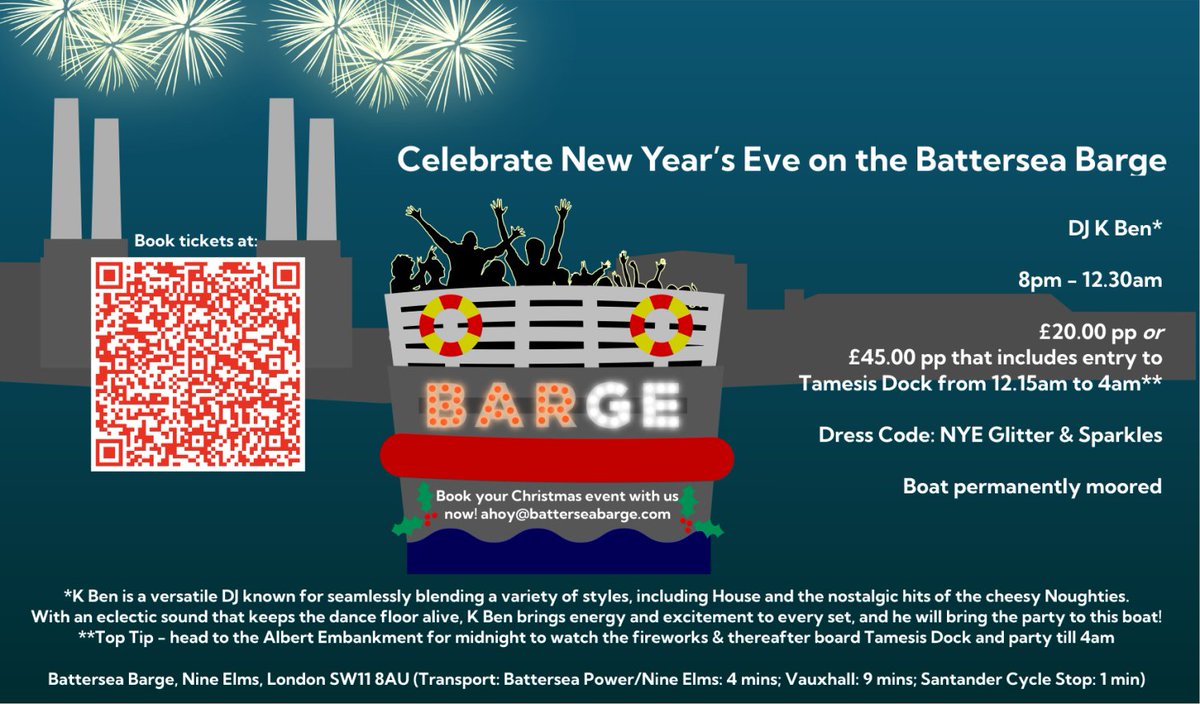 Battersea Barge New Year's Eve party tickets now on sale at designmynight.com/london/bars/va… - don't miss out, get in there early! 🎉