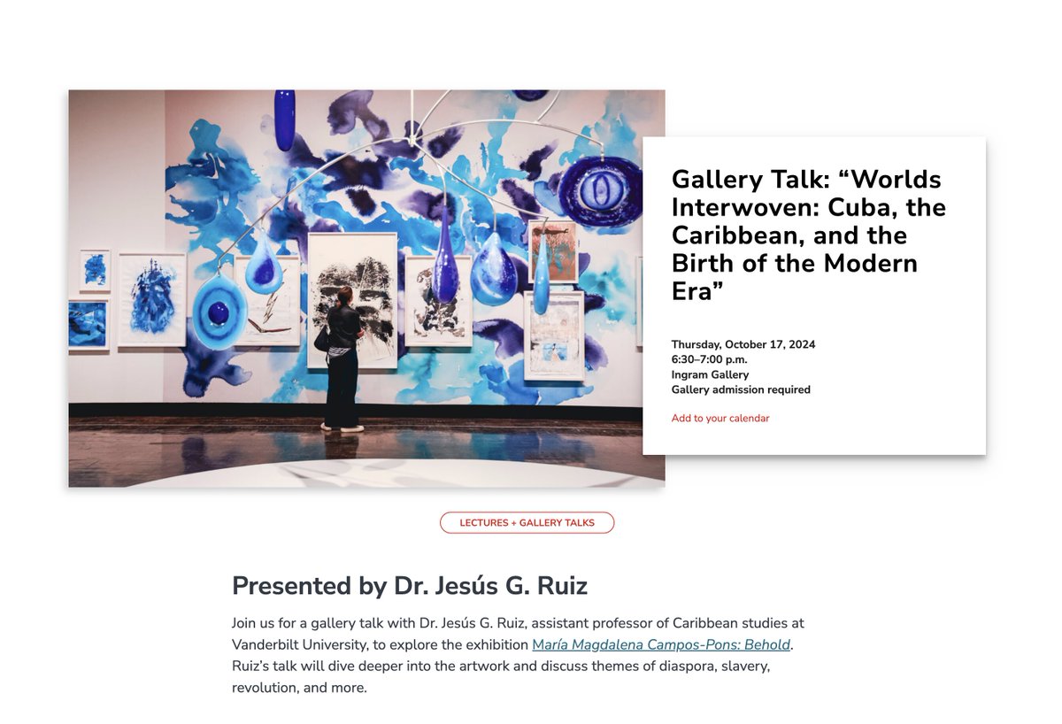 Honored to witness and speak about the incredible work of <a href="/macfound/">MacArthur Foundation</a> fellow Magdalena Campos-Pons' exhibition. Overarching themes of my talk- "Worlds Interwoven: Cuba, the Caribbean, and the Birth of the Modern Era"- will center on slavery, diaspora, and forced migration.