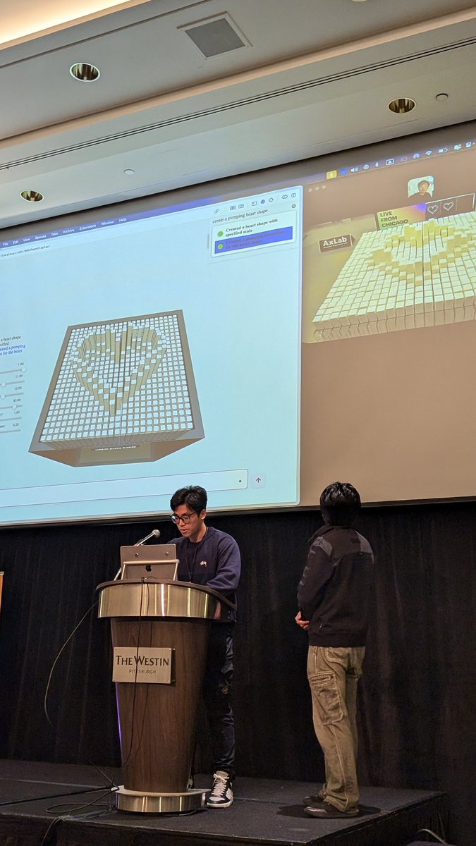 ken0324's tweet photo. @MichaelQwl + @JesseGao13 gave a transformative talk, especially with a LIVE DEMO to remotely control the shape display in our lab in UChicago using their system! Thanks to @ChiWang_02 for running the hardware at @AxLab_UChicago ! https://t.co/6GqnmPwA7Z
