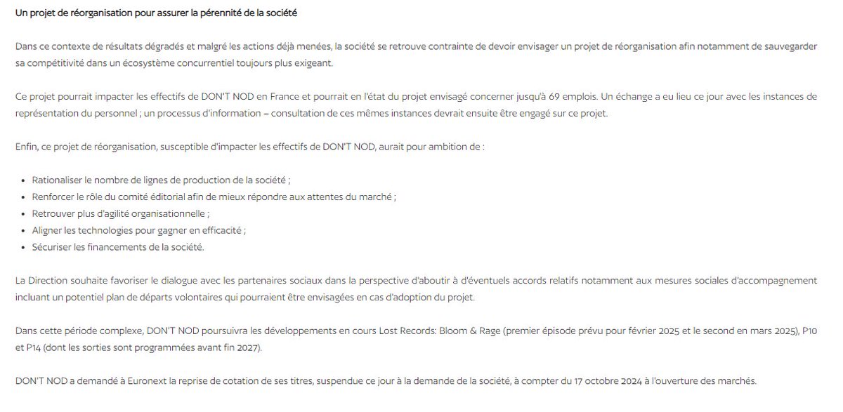 ORIGAMI 💌 Média jeux-vidéo-mais-pas-que (@origatwi) on Twitter photo Don't Nod annonce par communiqué de presse ses résultats semestriels et un "projet de réorganisation", qui pourrait entrainer le départ d'1/4 du studio (69 personnes maximum).  
➡️dontnod-bourse.com/fr/information… Don't Nod annonce par communiqué de presse ses résultats semestriels et un "projet de réorganisation", qui pourrait entrainer le départ d'1/4 du studio (69 personnes maximum).  
➡️dontnod-bourse.com/fr/information…