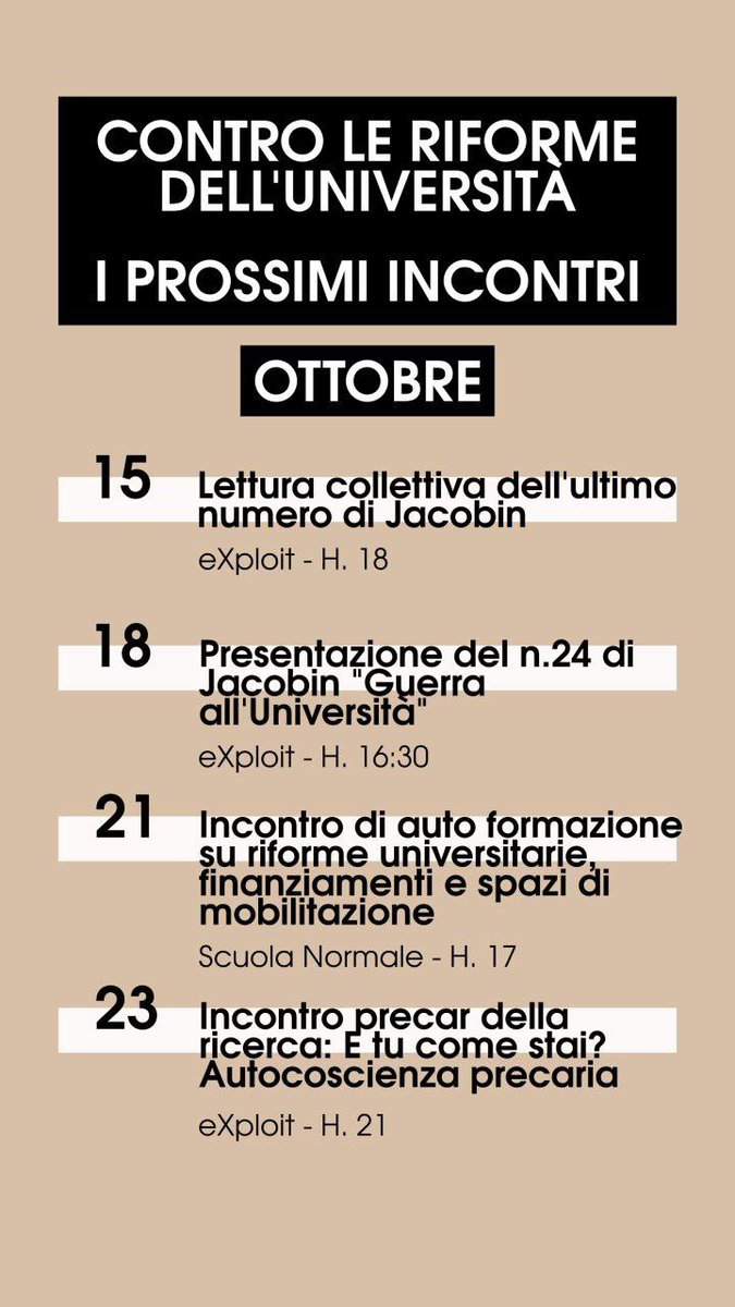 Per la serie «Pisa-calamita», anche quando si va via.

Questa volta a trattenere è una delle poche consolazioni politiche di questi tempi: amici e colleghe con cui fare, disfare, imprecare, ecc.

Qui un elenco per ottobre, mentre la precarietà avanza: