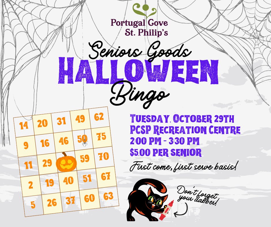 Get your dabbers for a spooktacular afternoon! Join us on Oct 29 at the PCSP Rec Centre for Seniors Halloween Goods Bingo from 2:00- 3:30 pm.
🕸️ $5 per senior
🕸️Seats are first come, first serve basis
🕸️Don’t forget your dabber!
🕸️ Canteen available
See you there, if you dare! 🎃
