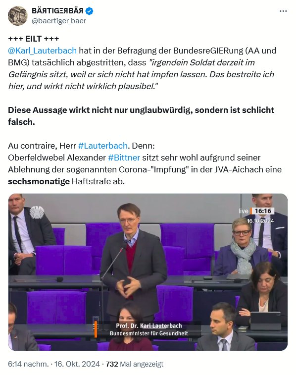 SandraKMeier's tweet photo. #Lauterbach bestreitet, dass "irgendein Soldat derzeit im Gefängnis sitzt, weil er sich nicht hat impfen lassen. Das bestreite ich hier, und wirkt nicht wirklich plausibel."
Parallel ist er persönlich das ideale Zugpferd der aktuellen #Impfkampagne. #Parallelwelten https://t.co/ntpfTKoKmd
