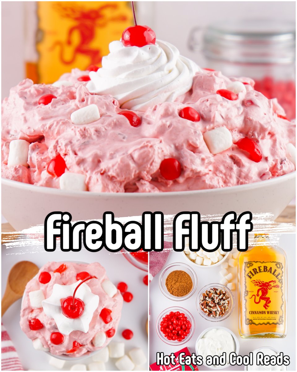 Fireball Fluff 🤍❤️🤍 View and print recipe: bit.ly/408eGmC Pin it for later: pinterest.com/pin/2503016917… Fireball Cinnamon Fluff Salad is the adult version of a traditional fluff! Cherry and cinnamon are a perfect flavor combo in this sweet and creamy dessert!