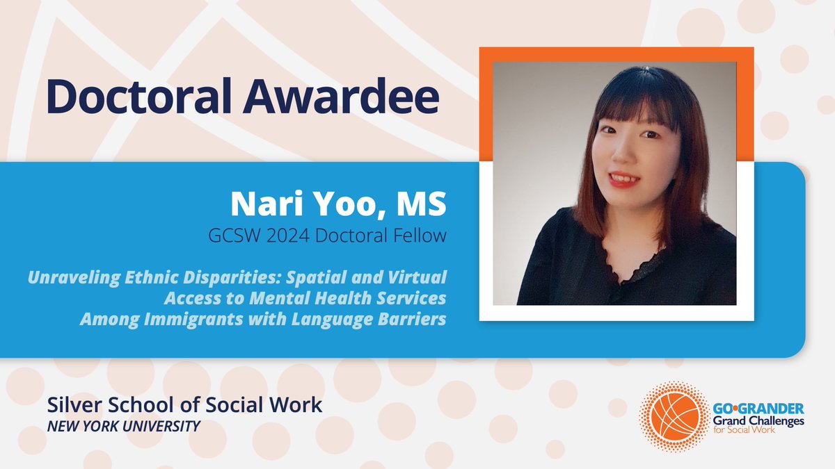 Grand Challenges for Social Work (@gcsocialwork) on Twitter photo 2024 Doctoral Fellow Feature: @narixyoo with Unraveling Ethnic Disparities: Spatial and Virtual Access to Mental Health Services Among Immigrants with Language Barriers addressing the GC to Harness Technology for Social Good! #SWTech #socialwork bit.ly/3PGpAtE <a href="/NYUSilver/">NYU Silver</a> 2024 Doctoral Fellow Feature: @narixyoo with Unraveling Ethnic Disparities: Spatial and Virtual Access to Mental Health Services Among Immigrants with Language Barriers addressing the GC to Harness Technology for Social Good! #SWTech #socialwork bit.ly/3PGpAtE <a href="/NYUSilver/">NYU Silver</a>