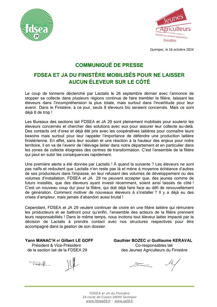 [SECTION LAIT 🐄]

Dans le Finistère, à ce jour, 8 éleveurs bio seraient concernés par l'abandon de #Lactalis. Ce sont déjà 8 de trop ! ❌️

📢 #FDSEA29 et <a href="/JA_Finistere/">JA du Finistère</a> sont mobilisés pour ne laisser aucun éleveur sur le côté !

#élevage #lait