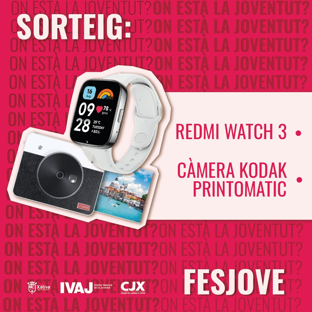 🎉𝐒𝐎𝐑𝐏𝐑𝐄𝐒𝐀 🫢

😎Si participes a la FesJove i completes tot el passaport sencer pots conseguir un d'aquests obsequis🎉

⌚ Redmi Watch 3🤩
📸Camera Kodak Printomatic😛