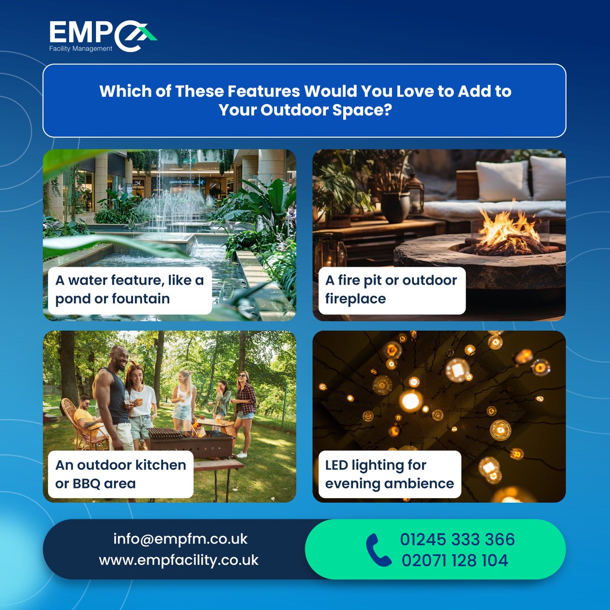 EMP_Facility's tweet photo. Transform your outdoor space with the perfect features! 🌿🔥

Which one is your top pick? Let us know in the comments below! 👇

📞 Essex: 01245 333 366 | London: 02071 128 104
📧 info@empfm.co.uk
🔗Explore our services: https://t.co/wk0LUaDypu

#EMP #EMPFacilityManagement https://t.co/TaM2DQsbfD