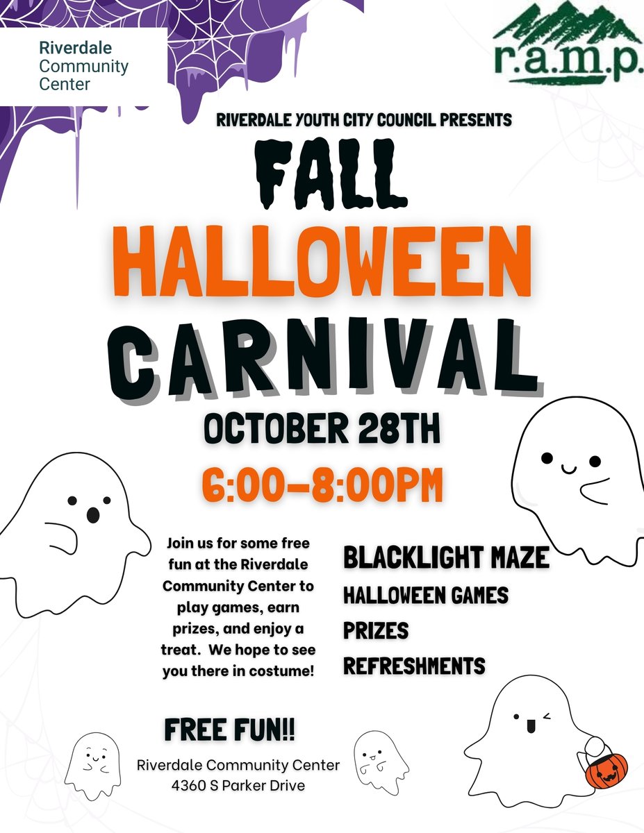 The Riverdale Youth City Council presents the annual Fall Halloween Carnival! The event takes place on Monday, October 28th from 6:00-8:00 p.m. at the Community Center. Join us for some free fun as we celebrate the season!