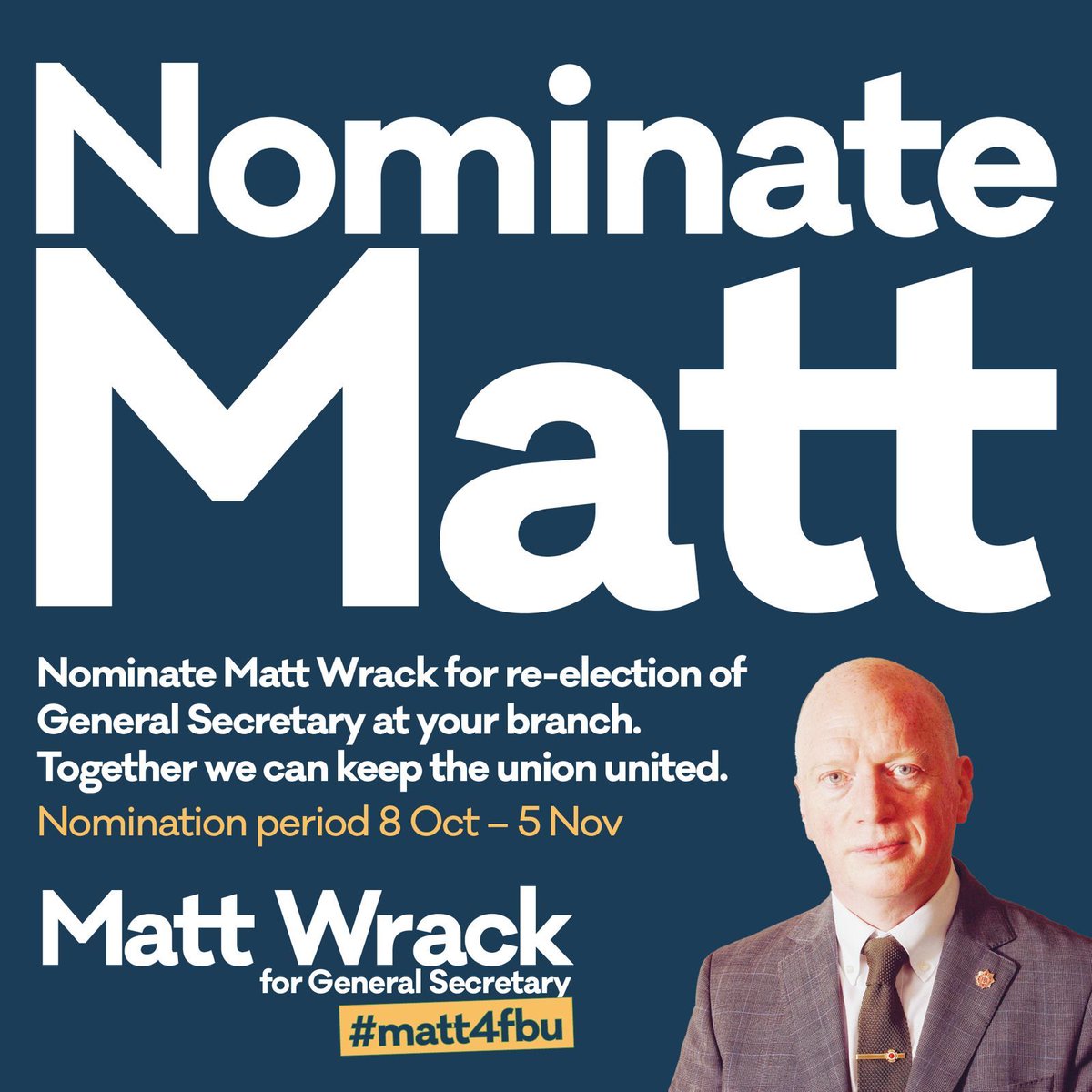 MattWrack's tweet image. 🚨💡 Nominate Matt Wrack 🔥🚨

FBU Members, we are strongest when we are united 💪🏼 - get your branches to #BackWrack for re-election as our General Secretary.

Need advice on nomination guidance? We've got it sorted it for you: ➡️ buff.ly/3Y6LlWR