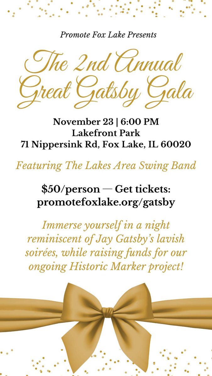 FoxLakeIL's tweet image. Come out to Lakefront Park for Promote Fox Lake’s Gatsby Gala. It’s going to be a roaring good time ‘old sport’!

#Parks&amp;amp;Recreation #FoxLakeIL #VillageofFoxLake #GreatGatsbyGala