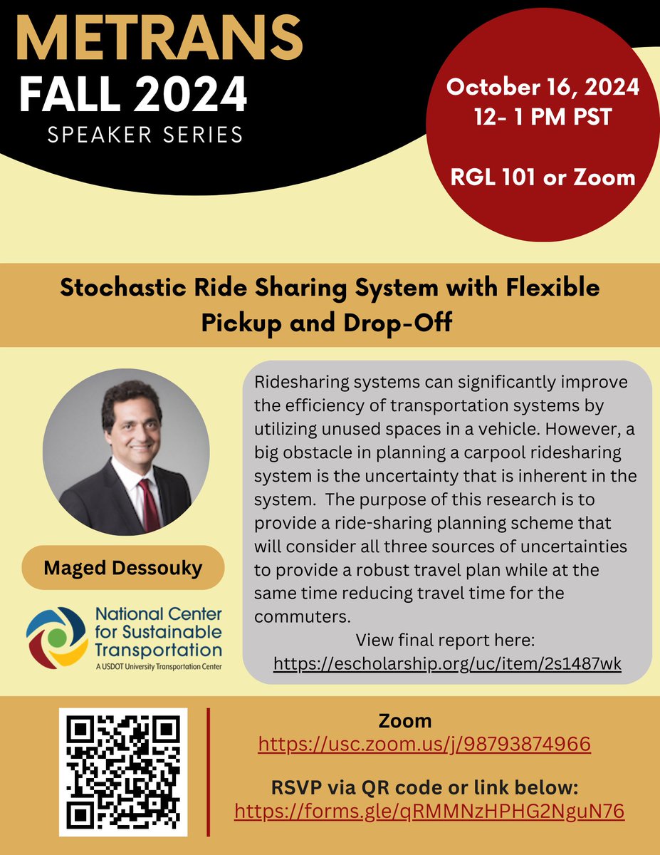 NCST_Research (@ncst_research) on Twitter photo Dr. Maged Dessouky will be speaking today at a <a href="/METRANS_/">METRANS Transportation Consortium</a> speaker seminar, 12 - 1 p.m. PST! Co-sponsored by NCST, the discussion will feature his work on rideshare routing. Find more information / join the Zoom here: metrans.org/events/stochas… Dr. Maged Dessouky will be speaking today at a <a href="/METRANS_/">METRANS Transportation Consortium</a> speaker seminar, 12 - 1 p.m. PST! Co-sponsored by NCST, the discussion will feature his work on rideshare routing. Find more information / join the Zoom here: metrans.org/events/stochas…