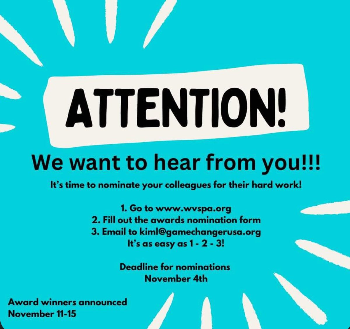 Time to nominate our colleagues for all of their hard work!! 
Go to WVSPA.org and click on Awards for the nominations! 🎉