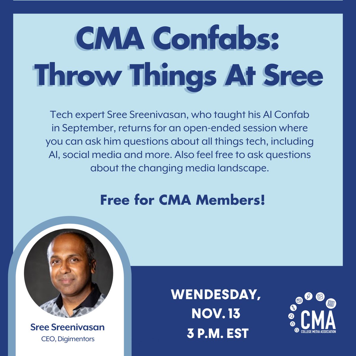 College Media Association (@collegemedia) on Twitter photo Mark your calendar! Your chance to ask questions about AI and all things tech It's FREE for <a href="/collegemedia/">College Media Association</a> members. Mark your calendar! Your chance to ask questions about AI and all things tech It's FREE for <a href="/collegemedia/">College Media Association</a> members.