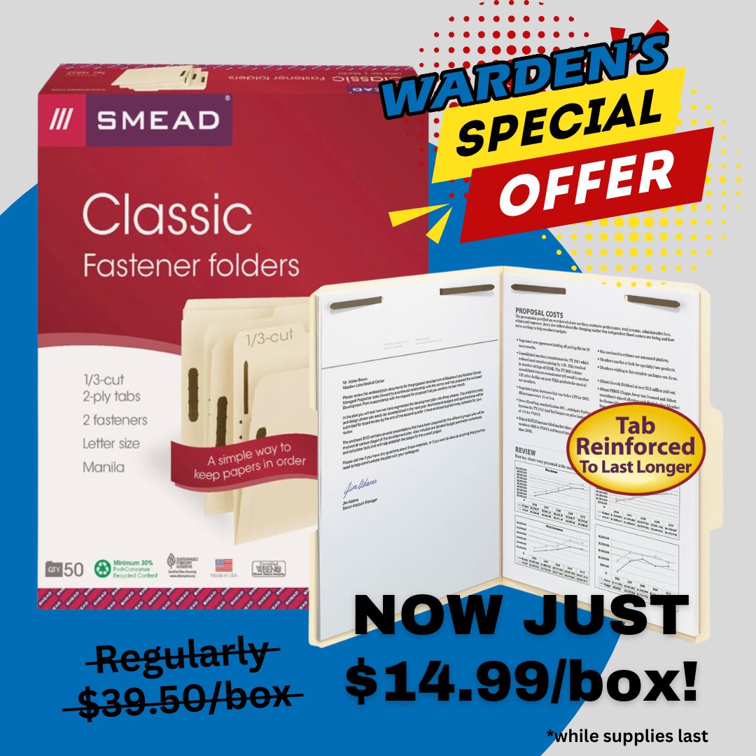 WardensWorks's tweet photo. We have Slashed Prices on Smead Classic Fastener Folders. Get this limited time special offer while it lasts! https://t.co/WZIlIFfIUI