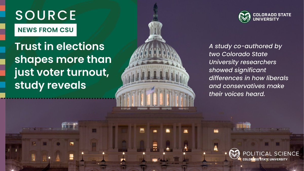 Trust in elections shapes more than just voter turnout, study reveals:
A study co-authored by <a href="/KyleLSaunders/">Kyle Saunders</a> and <a href="/itserinfitz/">Erin Fitz</a> showed significant differences in how liberals and conservatives make their voices heard.

Read more: source.colostate.edu/political-part…