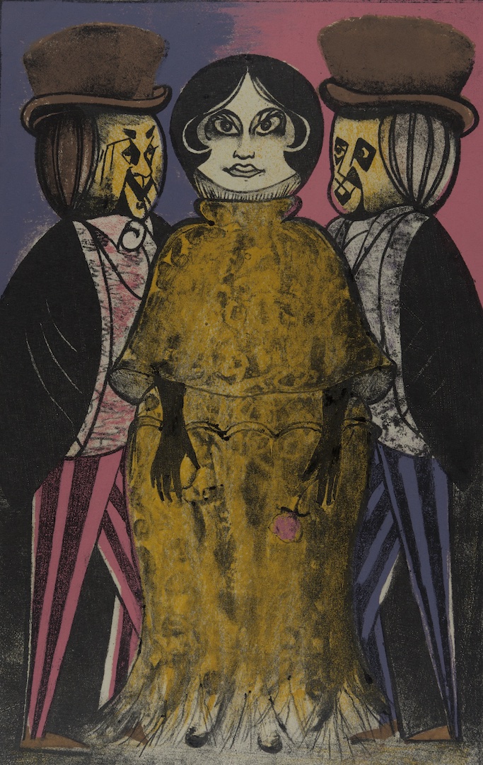 Spooky Month 👻🦇
The Gossip by Elizabeth Ginno Winkler, mid 20th Century 
Color lithograph on paper
13 5/8 in. x 8 ¾ in.

October is “Spooky Month” on campus, so all month we’re highlighting works from the collection that are spooky, ghostly, haunting, or just plain creepy.