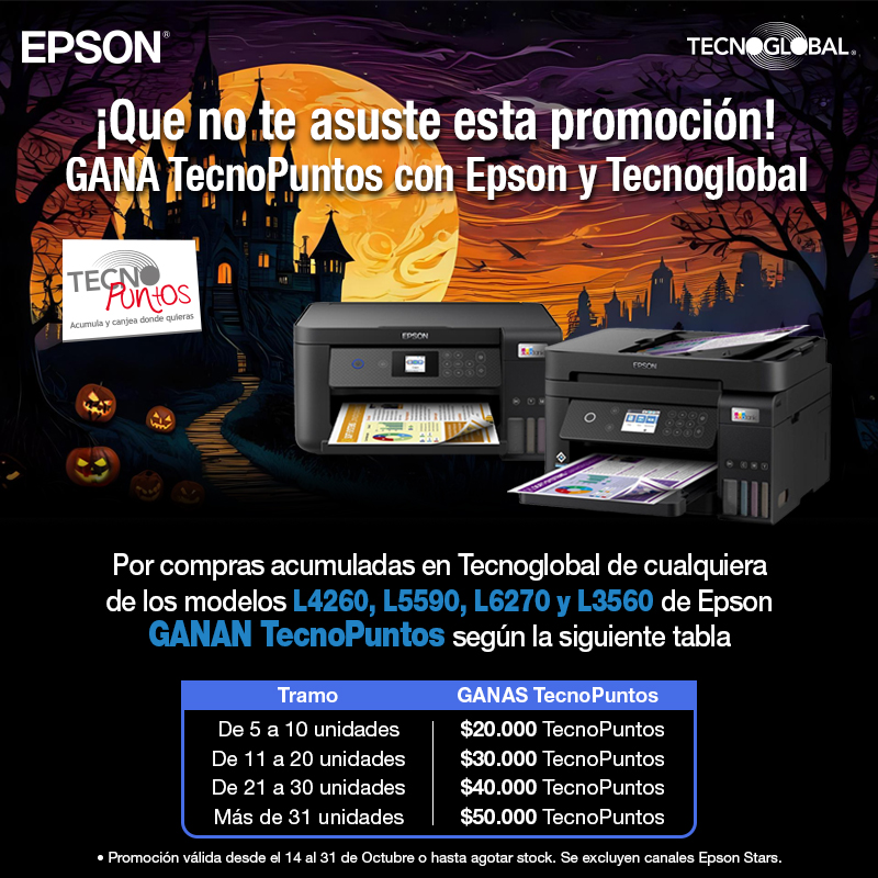 Epson celebra Halloween y premia con Tecnopuntos a quienes acumulen compras de los equipos L4260, L5590, L6270 y L3560.

Todos los detalles acá ➡️ bit.ly/4f2jI8m

La promoción válida hasta el 31 de octubre o hasta agotar stock y se excluyen canales de Epson.

#EPSON