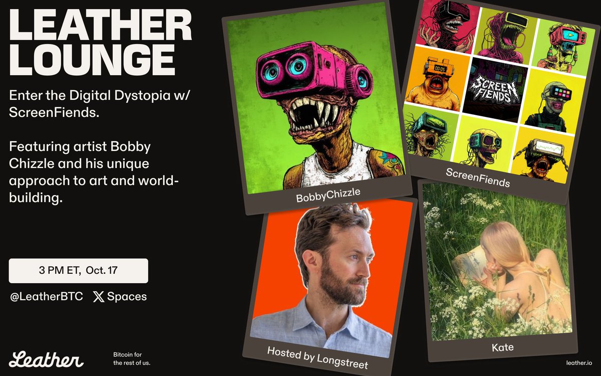 LeatherBTC's tweet image. ANNOUNCING: LEATHER LOUNGE Ep 25!

Enter the Digital Dystopia w/ ScreenFiends NFTs

We’re joined by @ScreenFiendsNFT artist @bobby_chizzle to discuss his approach to world-building and the 5,000 grotesque ScreenFiends NFT collection, a dark universe built on @Stacks.