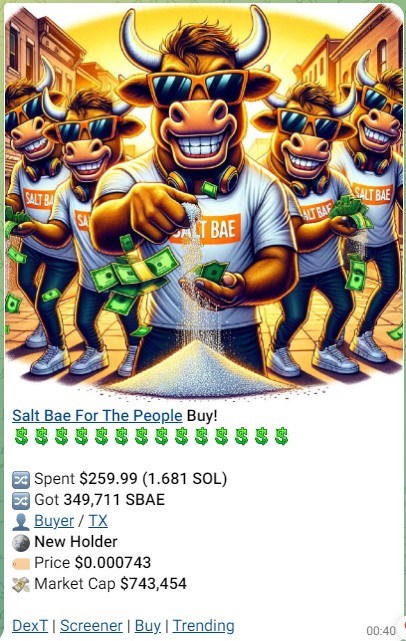 BUY and #HOLD $SBAE! 🚀💚 This memecoin is poised for exciting growth, backed by a passionate community. Let’s make the most of this journey together and watch it soar! 🌟✨ #SBAE #CryptoCommunity

#SaltBaeForThePeople
#SaltBaeToTheMoon
#SBAECrypto
#SBAEsquad
#SolanaMemeCoin