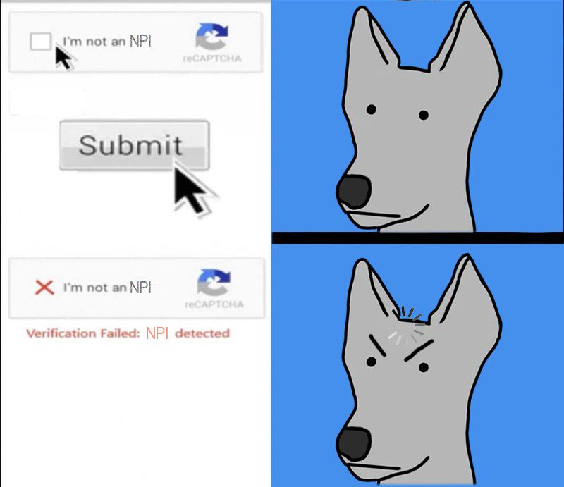 Official_NPI's tweet photo. My Master and I always result as Non-Playable in this stupid test. Gotta destroy it! Wooofff! $NPI
#GrayDog #NonPlayable https://t.co/aYImoL6CrL