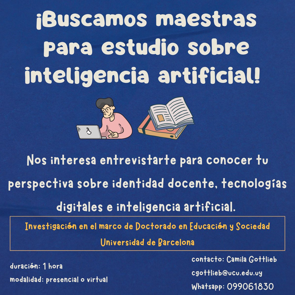 📢 ¡Busco Maestras de Primaria para entrevistar! 📢 

🔎✍ Estoy realizando mi doctorado en Educación y estoy buscando maestras/os que trabajen en escuelas 🇺🇾 para entrevistar.

Agradezco difusión 💫

🤳099061830