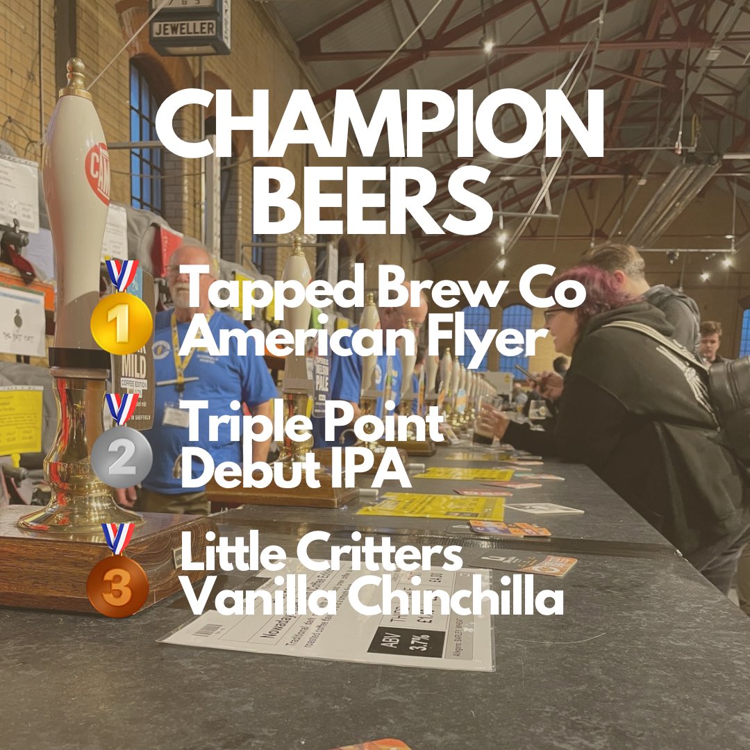 Steel City Beer Festival (@sheffbeerfest) on Twitter photo Our champion beers of the festival have been decided after much tasting and hours of deliberation!
Well done to <a href="/LittleCritsBrew/">Little Critters Brewing Company</a>, <a href="/TripPointBrew/">Triple Point Brewing</a>, and <a href="/TappedBrewCo/">Tapped Brew Co</a> on some brilliant brews 👏
Cheers 🍻 Our champion beers of the festival have been decided after much tasting and hours of deliberation!
Well done to <a href="/LittleCritsBrew/">Little Critters Brewing Company</a>, <a href="/TripPointBrew/">Triple Point Brewing</a>, and <a href="/TappedBrewCo/">Tapped Brew Co</a> on some brilliant brews 👏
Cheers 🍻