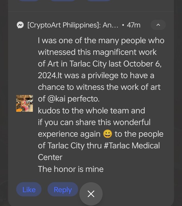 More than silver and gold, this type of feedback is beyond measure. I'm proud that they were able to reach actual human beings through their Art. 

Congrats Luzon Art team <a href="/GranadaHero/">Hero Granada 🇵🇭 NFTNYC25</a> <a href="/mitokaiXYZ/">Kai</a> <a href="/_dedManwalking_/">𝕕𝕖𝕕𝕄𝕒𝕟 💀🦇🇵🇭</a> <a href="/sheilaaledesma/">sheila</a> and Dean.