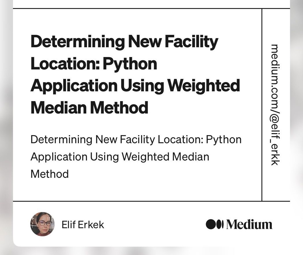 🔍🛍️Learn how to use Python to find the best location for your new facility with the weighted median method!
👉medium.com/@elif_erkk/det…