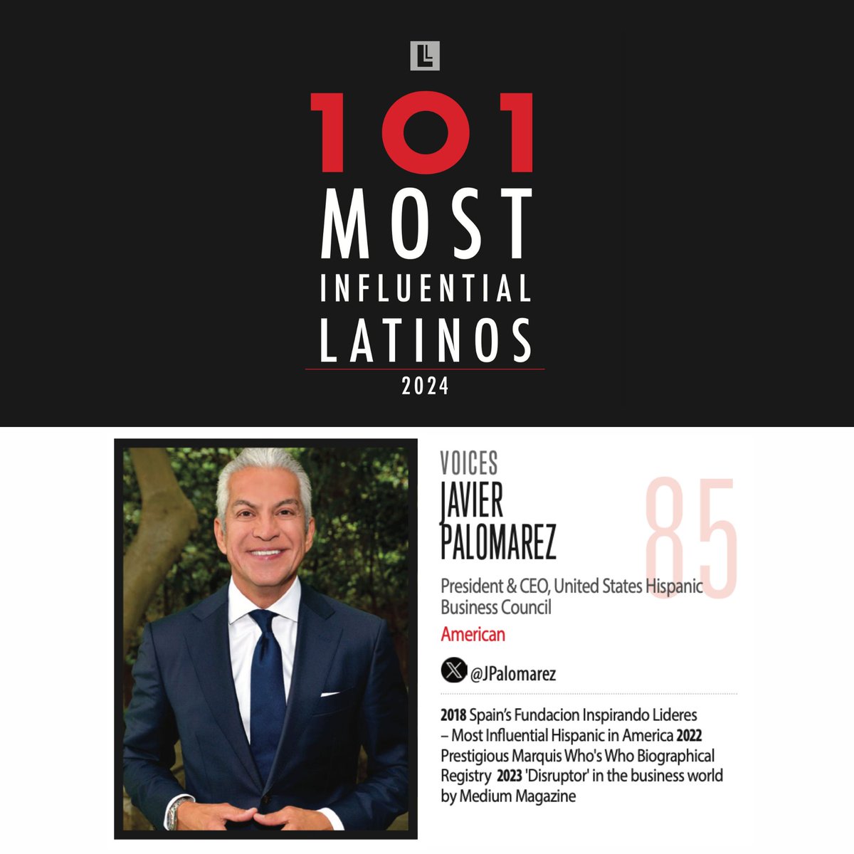 Spotlighting <a href="/JPalomarez/">Javier Palomarez</a>, President &amp; CEO of <a href="/myushbc/">U.S. Hispanic Business Council</a>, for his leadership &amp; commitment to advancing Latino representation. See more leaders shaping industries in our 101 Most Influential Latinos 2024 list.
issuu.com/latinoleadersm…