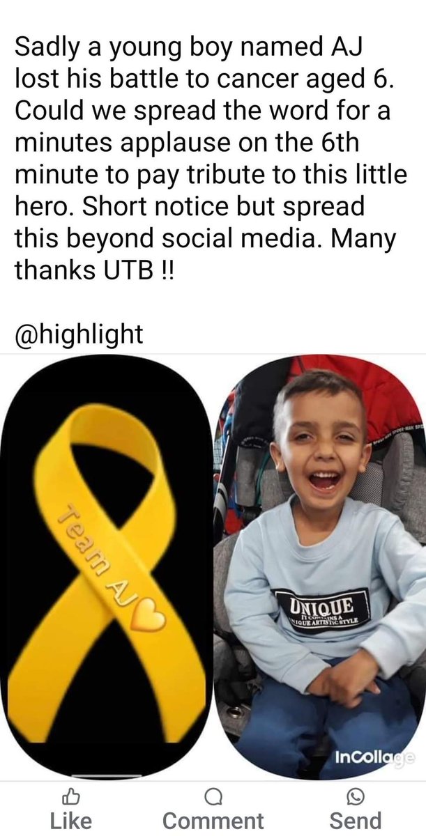Can all my followers please share this and join in the tribute to this little lad AJ who's sadly lost his battle with cancer at 6yrs old I'd like every Boro Fan to clap for him in the 6th minute as mark of respect many thanks #UTB