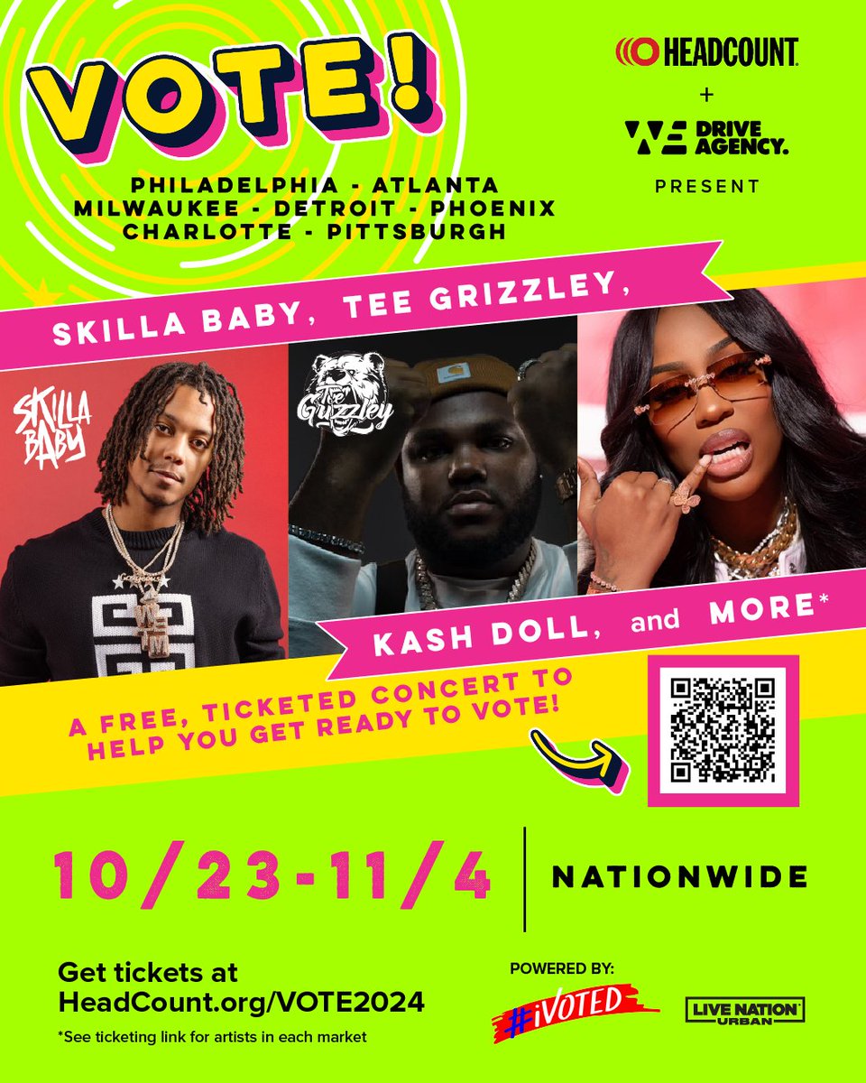 iVotedConcerts's tweet photo. 🎉Announcing #DriveAgency’s VOTE 2024 tour!🎉
@_Skillababy, @TeeGrizzley, @kashdoll & more are coming to cities near you, don’t miss them! We’ll be stopping by @FillmorePhilly @RoxianTheatre @TabernacleATL @FillmoreDetroit #RiversideTheater @thecelebrityphx & @FillmoreNC! (1/2) https://t.co/L5emPzje4D