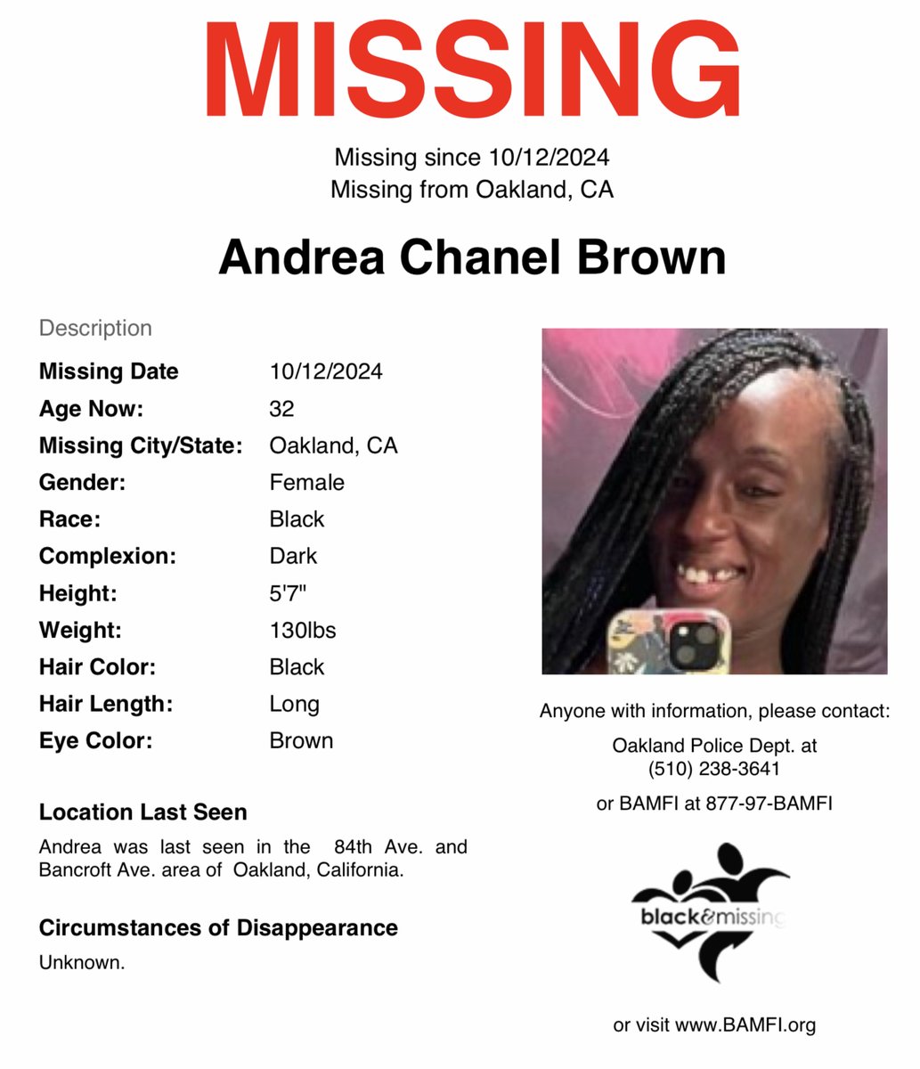 BAM_FI's tweet photo. #Oakland, #California: 32y/o Andrea Brown was last seen in the 84th Ave. and Bancroft Ave. area of Oakland on October 12.

Have you seen her? #HelpUsFindAndrea #AndreaBrown https://t.co/4hmVq5Belb