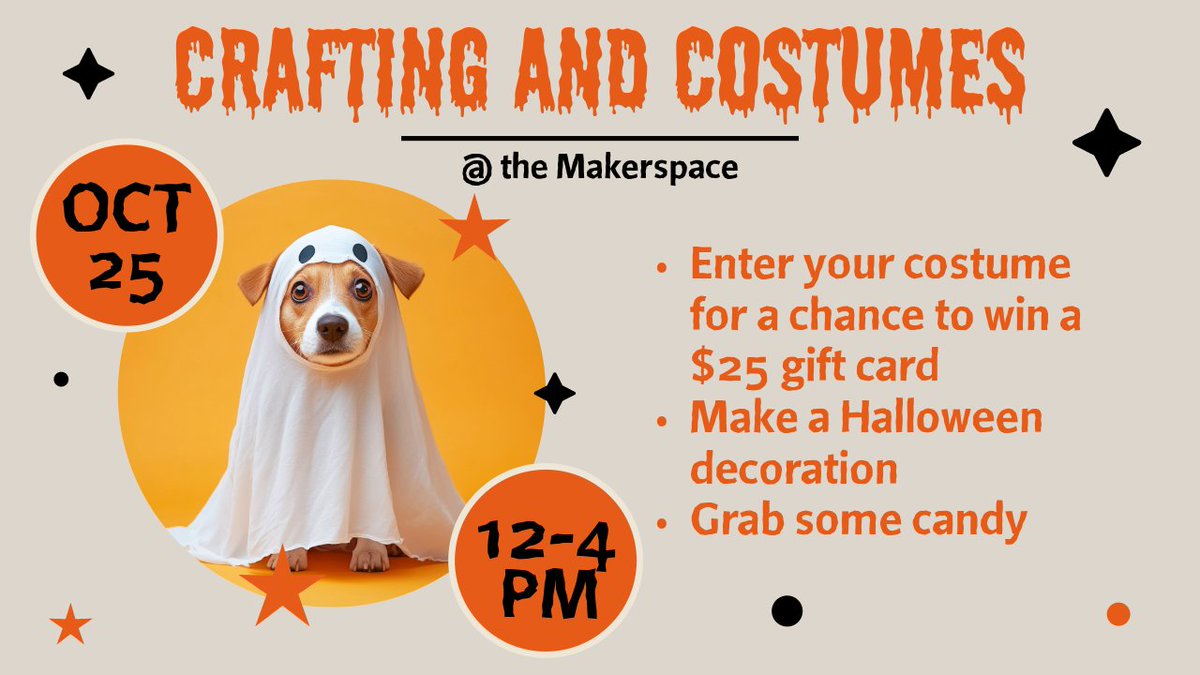 LibraryDREAMLab's tweet photo. Visit the Makerspace on Friday, October 25th to enter into our first ever Halloween Costume Competition! Visit anytime between 12pm - 4pm to enter your costume. Library staff will pick the top three costumes! The costume with the most Instagram likes will win a $25 gift card! https://t.co/PwKAJNOEuj