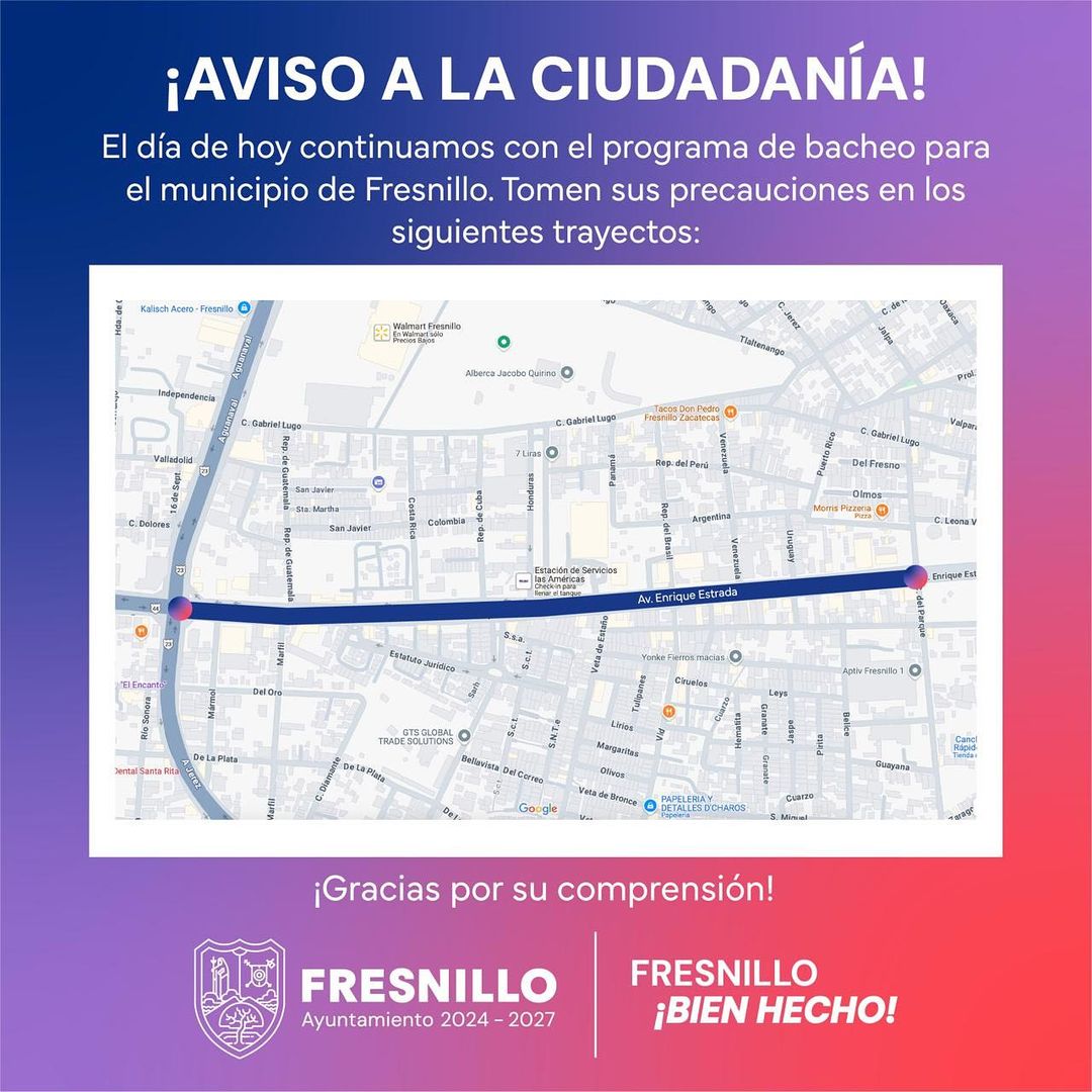 ¡Atención, Fresnillo! 🚧
Seguimos con la ruta del programa de bacheo. Les pedimos tomar precauciones en las zonas en reparación para garantizar la seguridad de todos. Seguimos trabajando para mejorar nuestras calles.
#FresnilloBienHecho 🌅