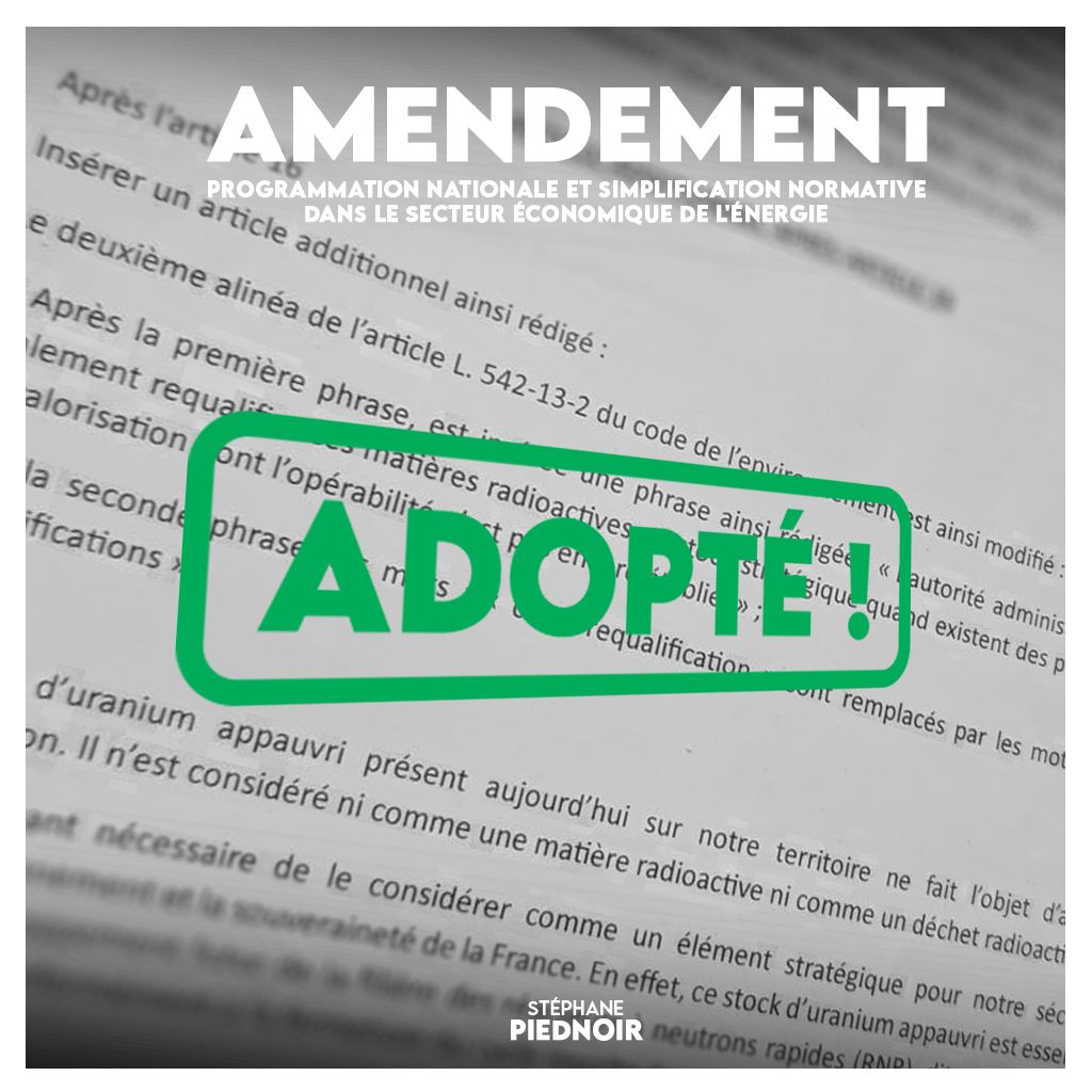 StephPiednoir's tweet image. Adoption en séance @Senat de mon amendement visant à la classification en "stock stratégique" des 320000 tonnes d'#uranium appauvri entreposé sur notre sol.

➡️ Permettre le développement futur des réacteurs à neutrons rapides #RNR est une question de souveraineté de notre