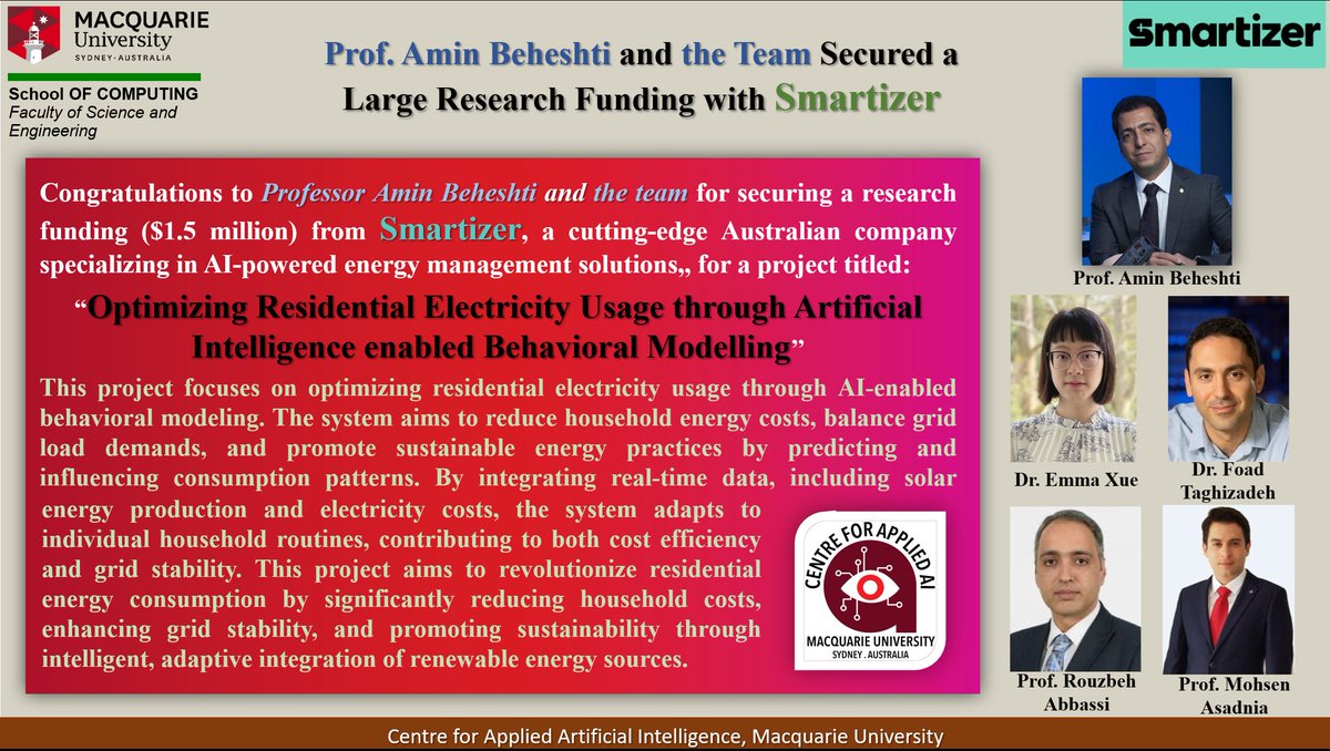 computing_mq's tweet image. Finding AI- powered energy management solutions. Research funding awarded to Professor Amin Beheshti and team at Macquarie University Computing from Smartizer Pty Ltd #research #AI