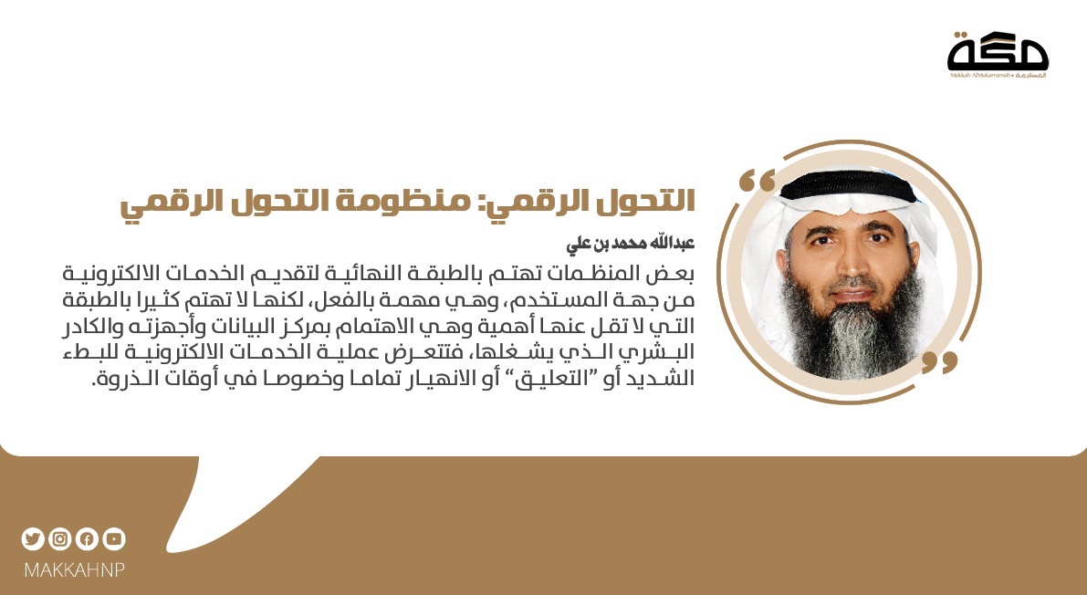 مقال عبدالله محمد بن علي: التحول الرقمي: منظومة التحول الرقمي

#صحيفة_مكة
 makkahnewspaper.com/article/1619428