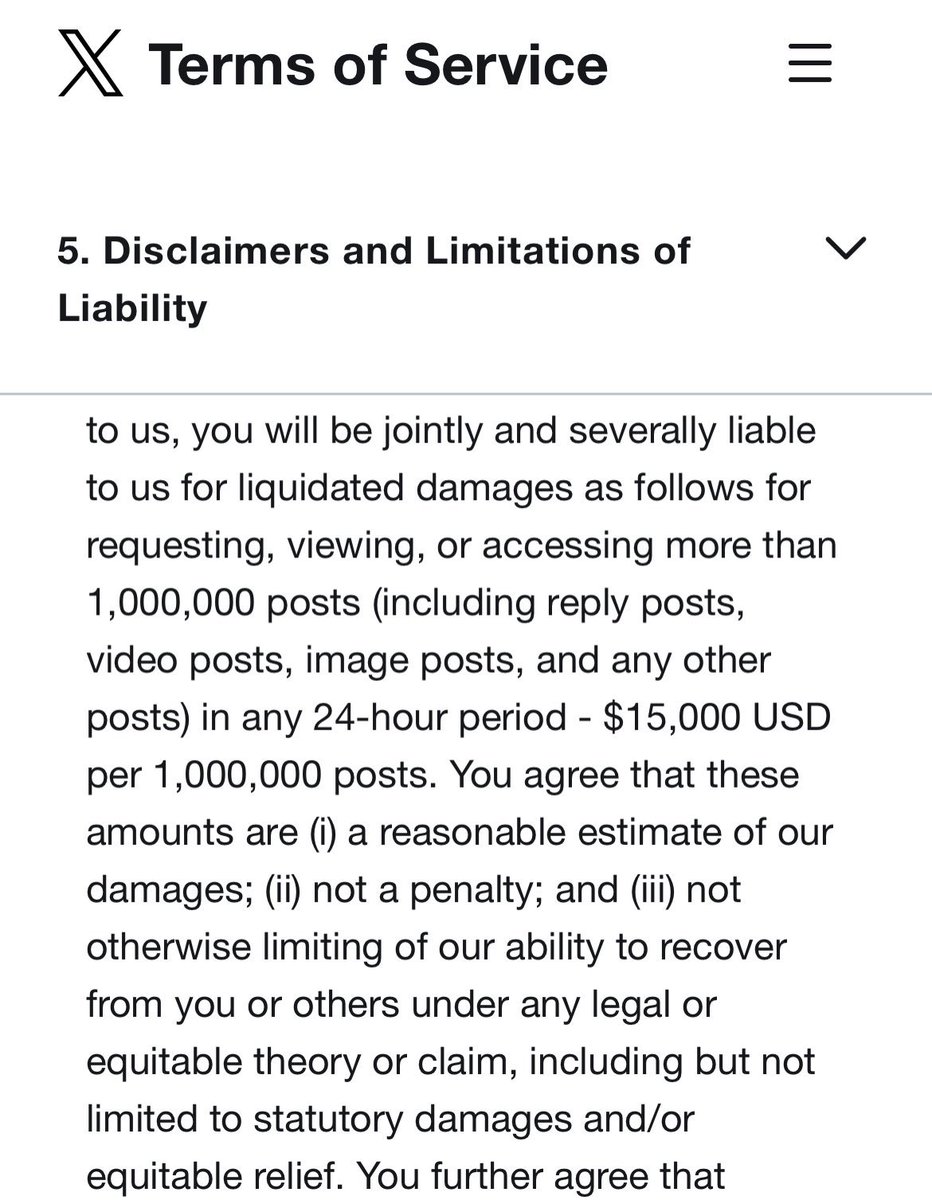 anarchoboognish's tweet photo. Twitter just released their new Terms of Service which would allow them to charge users $15k if they view over 1 million tweets in a day.

These are set to go into effect on November 15th. https://t.co/OUnMGtEX5B