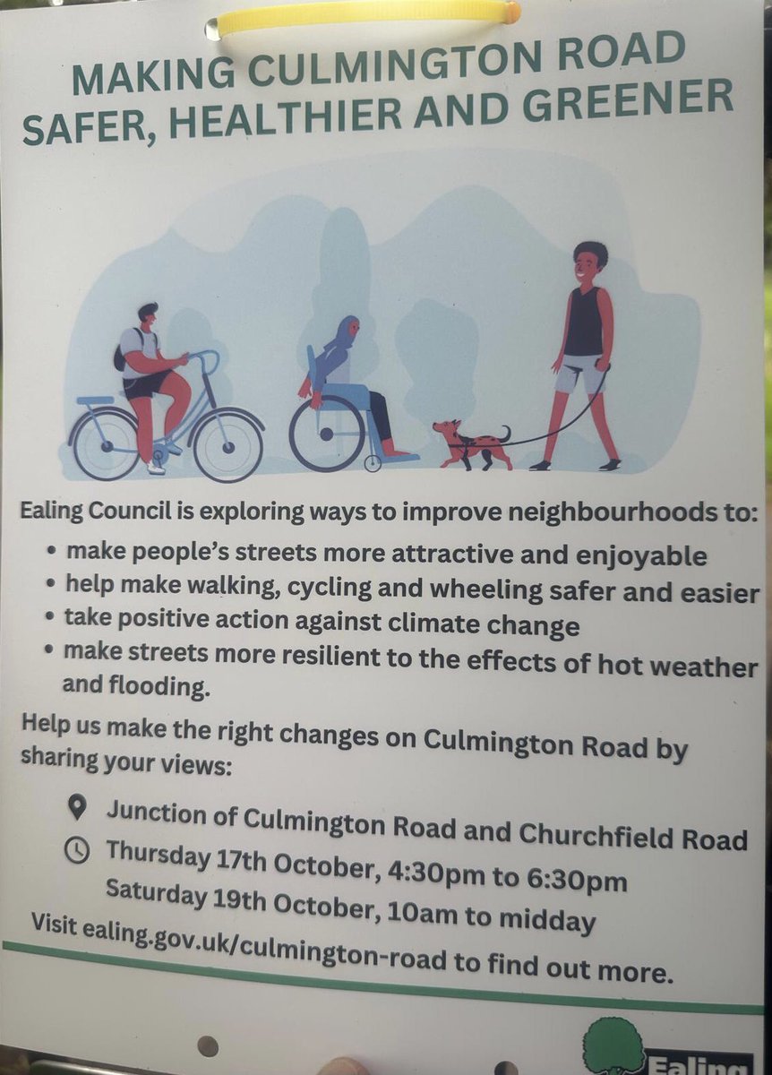 Drop-in info. events this week on Culmington Rd, W5 - to have a chat about making streets safer, healthier and greener. Road improvements across #Ealing Northolt, Hanwell, Southall, Park Royal and more to come. 🚶🏼‍♀️🚶🏾‍♀️🚶‍♂️ 🚴🏾🚴🏻‍♀️🛴🚌🚇Part of a £10million investment. Links👇👇