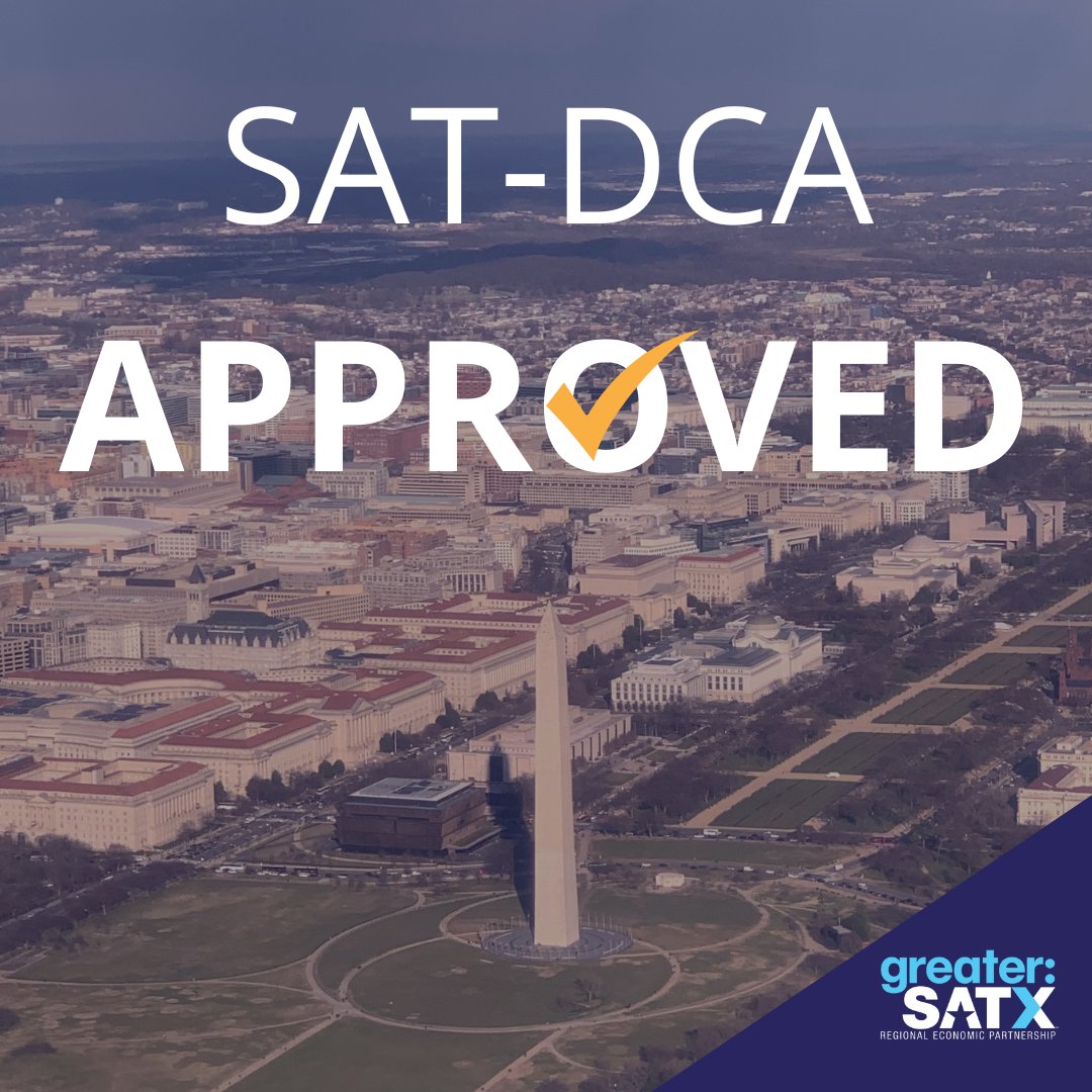 San Antonio celebrates the preliminary approval of a new route connecting <a href="/SATairport/">San Antonio International Airport</a> with Ronald Reagan Washington National (DCA). 

This new route creates new opportunities for our region. 

#SATtoDCA #OneSATX