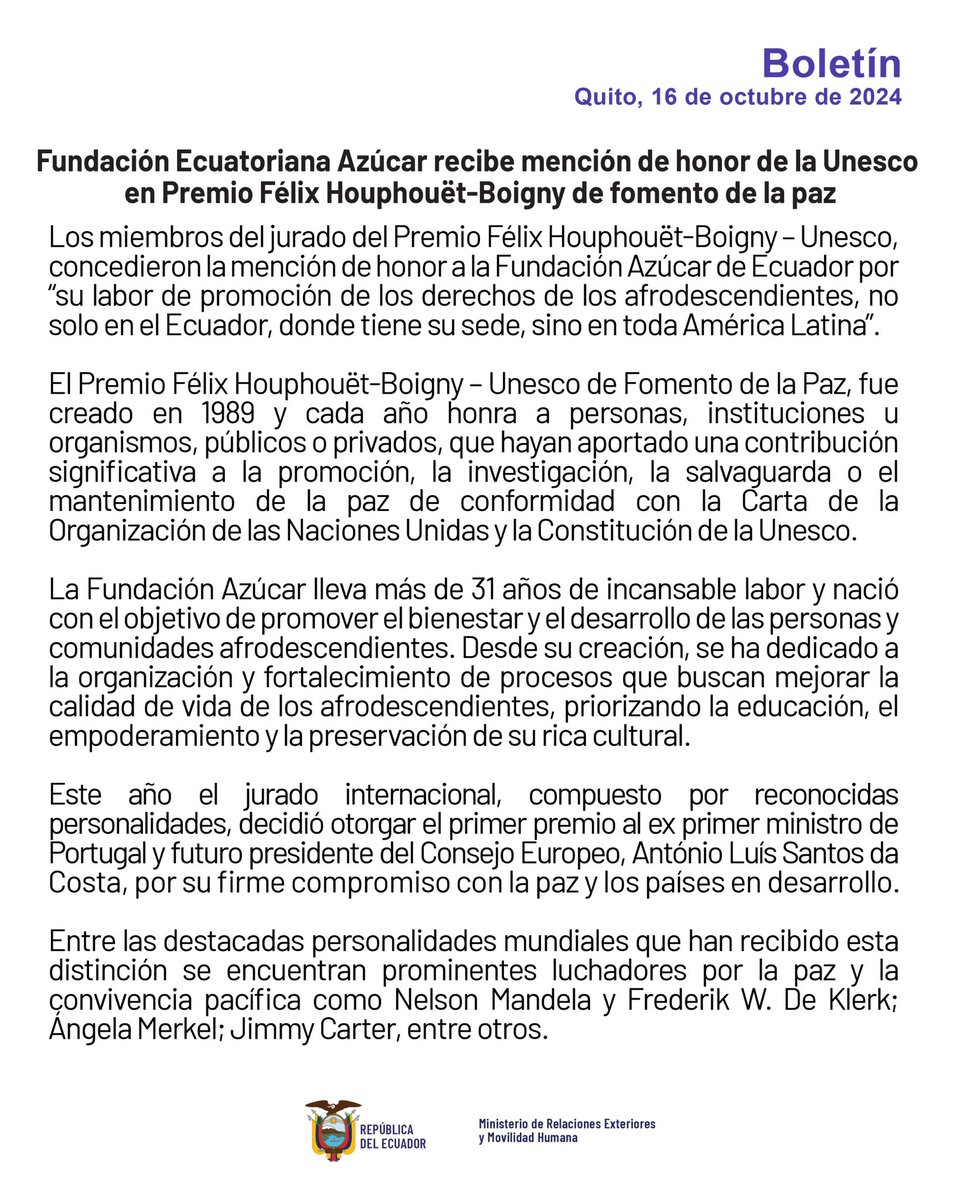 Boletín | Fundación Ecuatoriana Azúcar recibe mención de honor de la UNESCO en Premjo Félix Houphouët - Boigny de fomento de la paz.