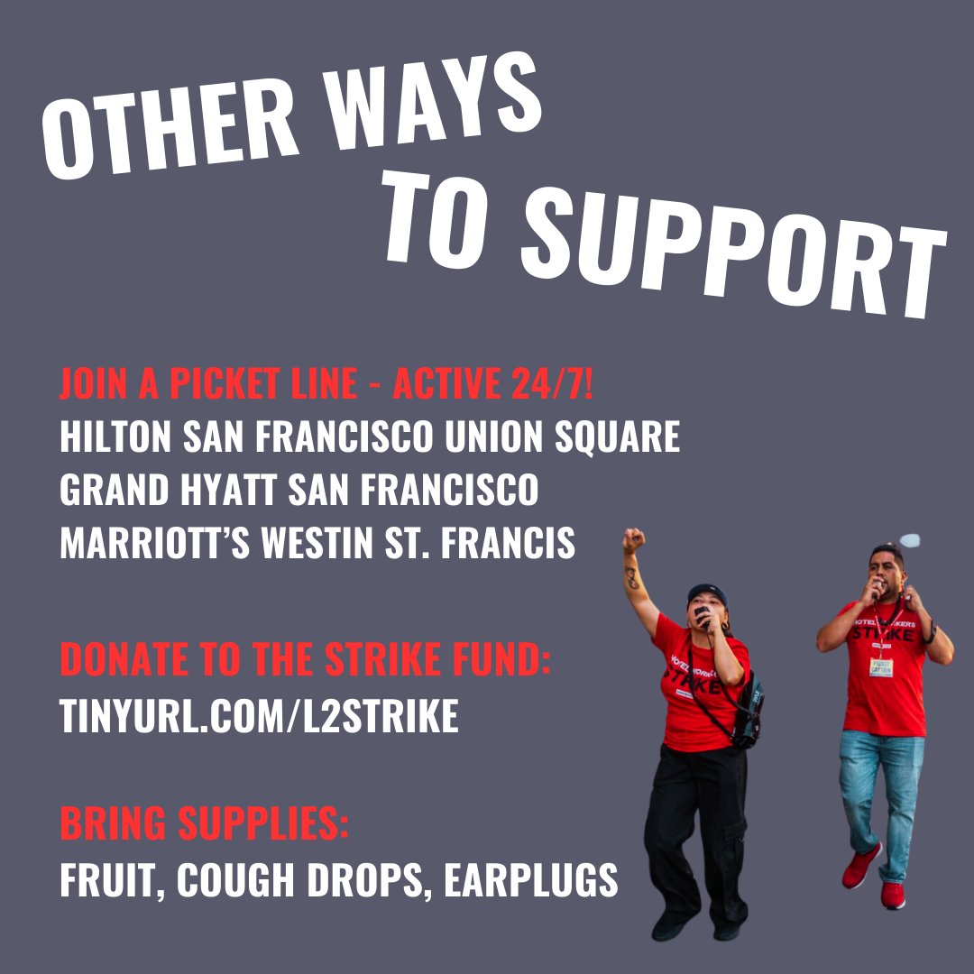 Jobs with Justice San Francisco (@jwjsf) on Twitter photo Join us to support <a href="/UniteHereL2/">UNITE HERE Local 2</a> hotel workers striking for:
➡️ Fair wages - so workers don’t have to work 2-3 jobs to survive
➡️ Fair workloads - COVID-era cuts have led to painful workloads
➡️ Affordable healthcare
Donate to the strike fund: tinyurl.com/L2Strike Join us to support <a href="/UniteHereL2/">UNITE HERE Local 2</a> hotel workers striking for:
➡️ Fair wages - so workers don’t have to work 2-3 jobs to survive
➡️ Fair workloads - COVID-era cuts have led to painful workloads
➡️ Affordable healthcare
Donate to the strike fund: tinyurl.com/L2Strike