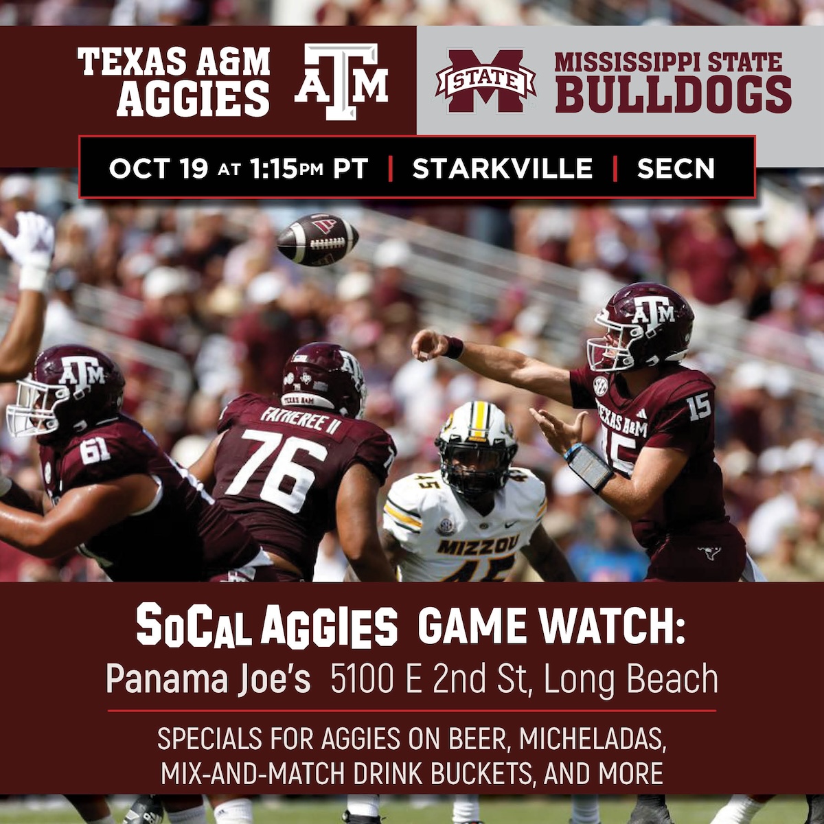 SoCalAggies's tweet photo. #14 Texas A&amp;M is on the road in Starkville this weekend as the Aggies have their eyes on another conference win and bowl eligibility... not to mention playoff eligibility still within reach.

Join SoCal Aggies for a game watch at Panama Joe's in Long Beach. All are welcome! https://t.co/URHoC7SnYk
