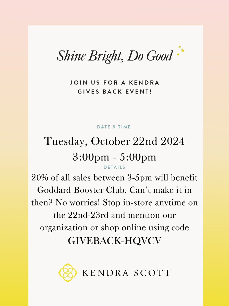 It is never too early to shop for Christmas and support a great group. Next Tuesday and Wednesday, shop Kendra Scott in store and/or online with a code. Kendra Scott will donate to the AfterProm!! <a href="/USD265_Goddard/">USD 265 - Goddard Public Schools</a> <a href="/USD265_GHS/">USD265_GoddardHS</a> <a href="/GoddardBoosterC/">GoddardBoosterClub</a> <a href="/goddardef/">GoddardEdFoundation</a> <a href="/Goddard_Media/">GHS Media</a>