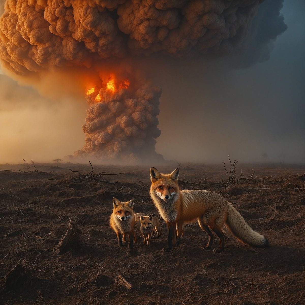 SacredAntelope's tweet photo. Red fox family survives the nuclear test #fox #redfox #apocalypse #nucleardrop #fallout #nuketest #viral #trending #scifi #grok #aiart https://t.co/it49gFymX3