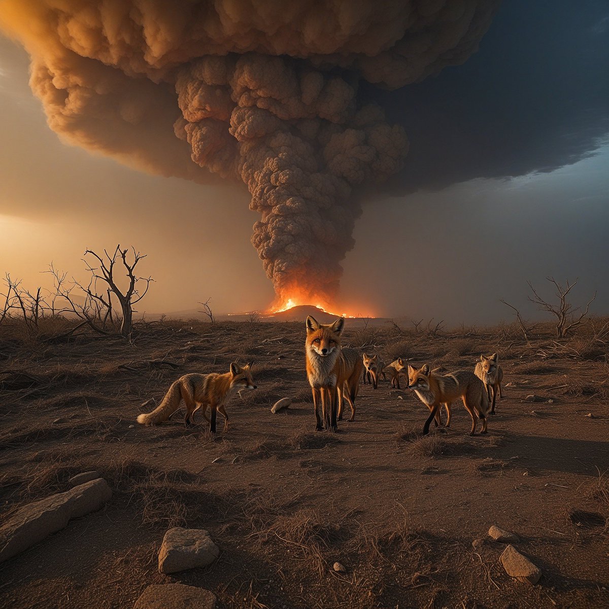 SacredAntelope's tweet photo. Red fox family survives the nuclear test #fox #redfox #apocalypse #nucleardrop #fallout #nuketest #viral #trending #scifi #grok #aiart https://t.co/it49gFymX3